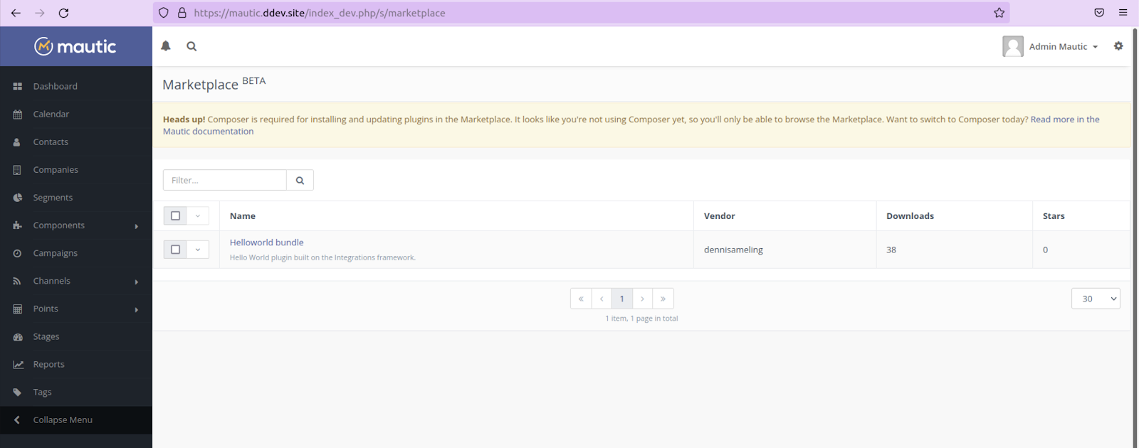 A screenshot of the Mautic Marketplace alerting the user that they need to enable Composer support.