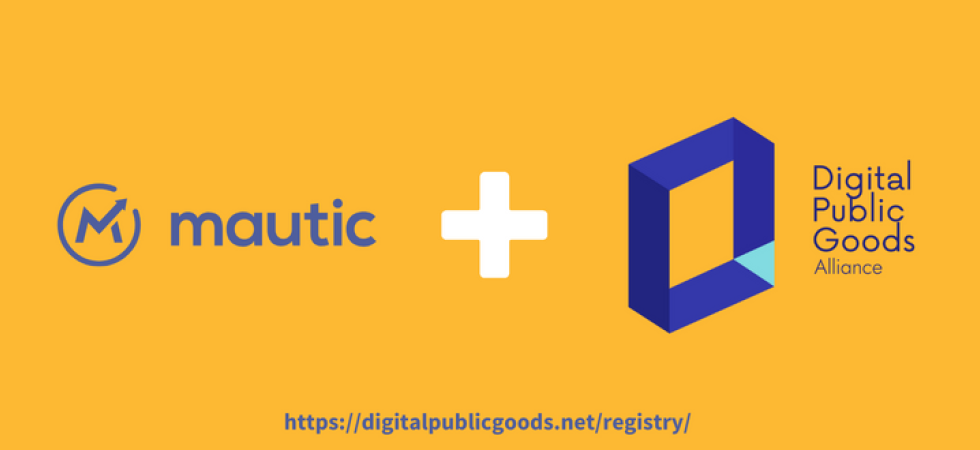 Yellow background with purple Mautic logo and Digital Public Goods Alliance logo with the URL https://digitalpublicgoods.net/registry/ at the bottom in purple.