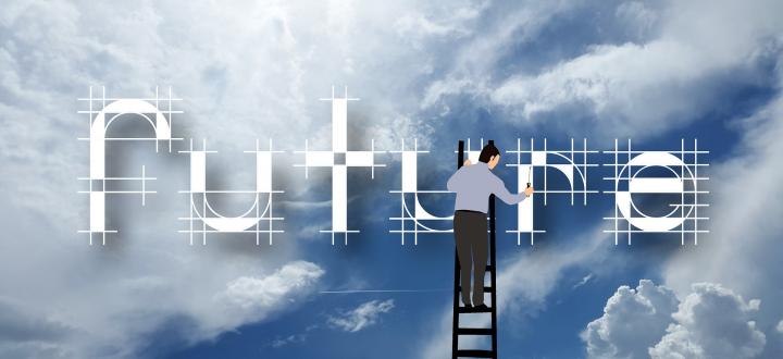 Blue sky background with a person standing on a ladder, creating the words 'future'