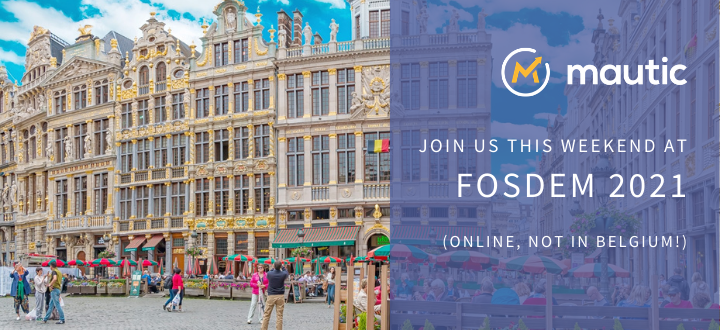 Image of the Grand Place, Brussels with text overlaid on a purple panel saying 'join us this weekend at FOSDEM 2021 online, (not in Belgium!)
