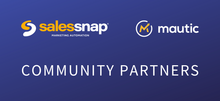Sales Snap and Mautic logos with COMMUNITY PARTNERS in caps on a dark blue gradient background.