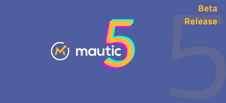 Mautic logo with orange, pink and cyan 5 image with beta release in the top right corner