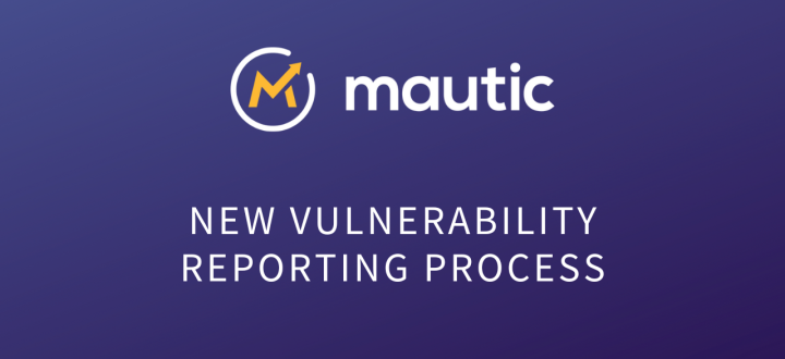 dark blue gradient background with Mautic logo and text reading 'new vulnerability reporting process'