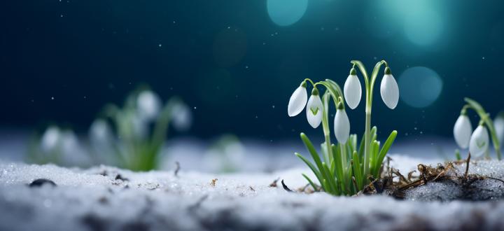A photo of snowdrops coming out of a frost covered ground