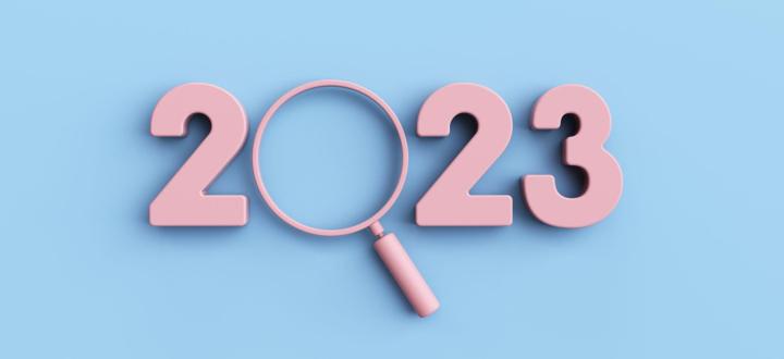 Blue background with the pink numbers 2, 2 and 3 and a pink magnifying glass making the 0 for 2023.