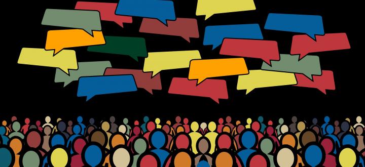 Illustration showing a group of people with speech bubbles above their head in bright colours