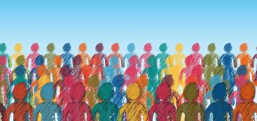 Illustration of people in many different colours of the rainbow standing side by side with a blue gradient background