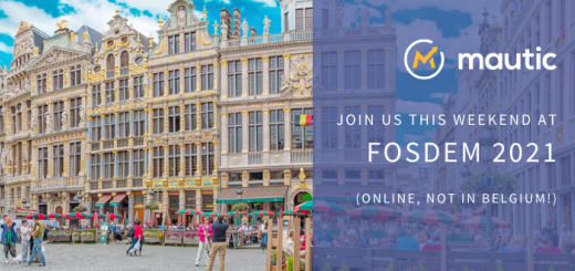 Image of the Grand Place, Brussels with text overlaid on a purple panel saying 'join us this weekend at FOSDEM 2021 online, (not in Belgium!)
