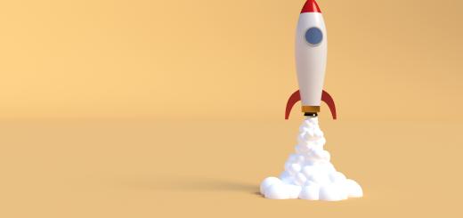 An illustration of a rocket launching with a yellow background