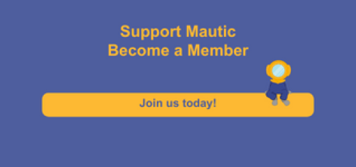 Support Mautic become a member in yellow text, with the Mautinaut sitting on a yellow button which says join us today