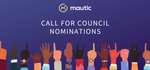 Dark blue gradient background with the Mautic logo and text in white saying 'Call for council nominations' with illustrations of lots of different hands being held up with different gestures wearing different coloured clothes.