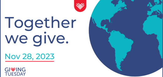 White background with Together we give in dark blue text, Nov 28 2023 in cyan underlined in red, and giving tuesday logo at the bottom. There's an illustration of the world on the right and the giving tuesday brand mark in white on a red background in the middle of the page.