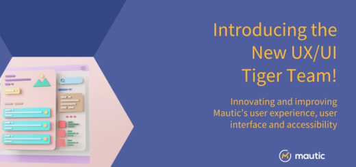 blue background with a dark blue hexagone and a pale pink hexagon with a user interface illustration on the pink hexagon. Yellow text on the right says 'Introducing the New UX/UK Tiger Team! Innovating and improving Mautic's user experience, user interface and accessibility.