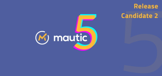 Blue background with Mautic logo and a large 5 in yellow, pink and cyan, with a yellow 5 faded in the background on the right and Release Candidate 2 written in yellow text.