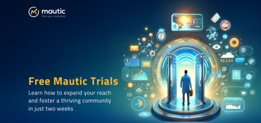 Dark blue background with a futuristic door opening up with lots of digital and tech symbols surrounding the door, and a person with a briefcase walking towards the door looking through into the bright light on the other side. The Mautic logo is on the top left, and text in yellow bottom right says Free Mautic Trials, with text below in white saying Learn how to expand your reach and foster a thriving community in just two weeks