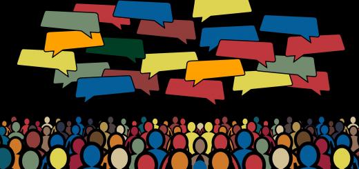 Illustration showing a group of people with speech bubbles above their head in bright colours
