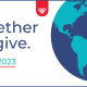 White background with Together we give in dark blue text, Nov 28 2023 in cyan underlined in red, and giving tuesday logo at the bottom. There's an illustration of the world on the right and the giving tuesday brand mark in white on a red background in the middle of the page.