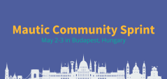 Budapest skyline with Mautic Community Sprint in yellow text and May 2-3 in Budapest, Hungary in green text above it.